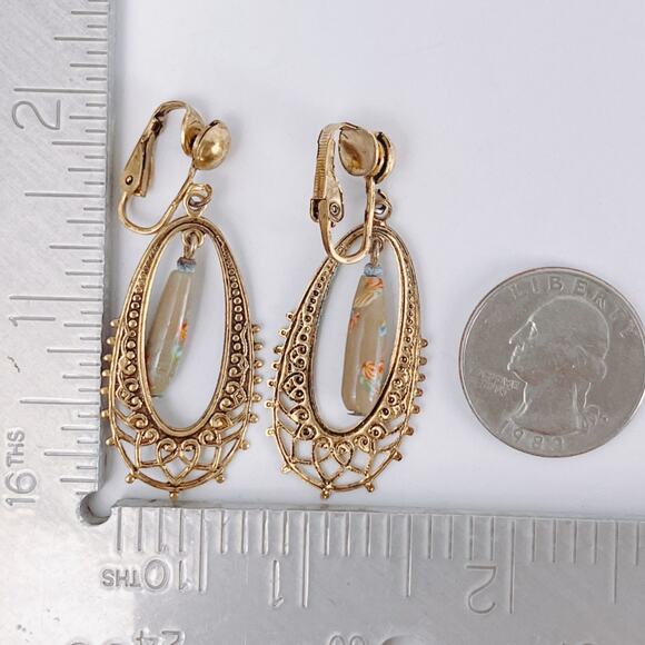 Vintage Mid Century Clip On Earrings Millefiori Art Glass Filigree Gold Tone - Picture 7 of 9